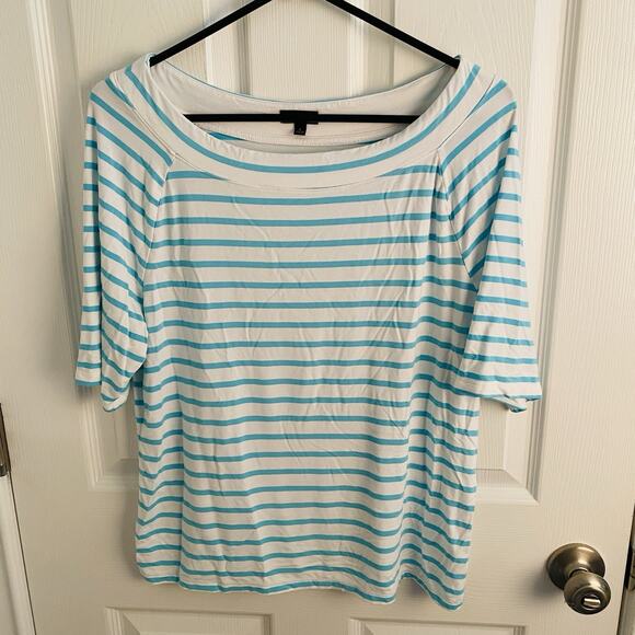 Talbots Tee 3/4 Sleeve Top Womens L Aqua White Striped Minimalist Quiet Luxury - Picture 1 of 4